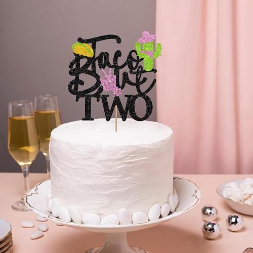 Taco Bout Two Cake Topper, Fiesta 2nd Birthday Cake Decor, Black Glitter Cactus 2 Years Old Cake Topper for Girl, Mexican Fiesta 2nd Birthday Party Decoration