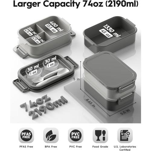 Adults Bento Box with Insulated Lunch Bag, 74oz Capacity 3 Stackable Leak-Proof Bento Box Built-In Utensil and Sauce, PFAS & BPA-Free, Microwave & Dishwasher Safe (Dusk Gray)