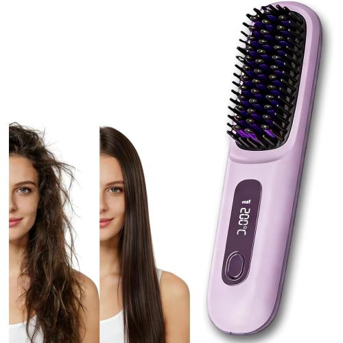 2026 Go Brush Pro for Short Hair, Portable Straightener Brushs for Travel, with LCD Temperature Display, Fast Heating Cordless Mini Hair Brushs Styling Tools (Purple)