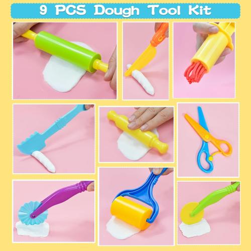 Dough Tool Set, 9 Pcs Dough Tools Sets for Kids Ages 4-8, Dough Accessories Includes Cutters Roller, Rolling Pins, Safety Scissors, Plastic Knife, Plastic Rollers