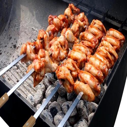 12 Pack Kebab Skewers BBQ Barbecue Skewers Stainless Steel Sticks 23.5 Inch Heavy Duty Large Wide Reusable with Nonslip Wooden Handle Ideal for Shish Kabob Chicken Shrimp and Vegetables