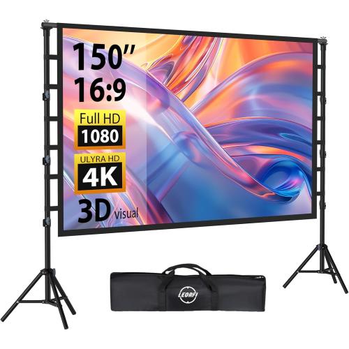Outdoor Projector Screen with Stand: LEORFI 150 inch Projector Screen Portable, Indoor Projections Screen and Stand, Rear Front Movie Screen 16:9 4K Full HD,Support Height Adjustable for Home Theater