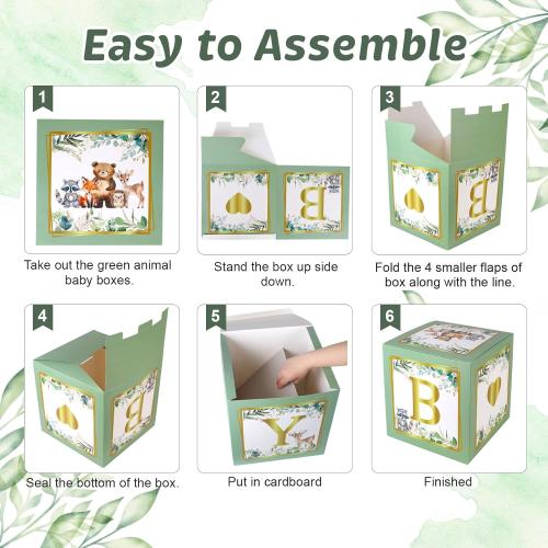 Sage Green Baby Boxes with Letters for Baby Shower, 4pcs Safari Jungle Print Baby Shower Decorations for Balloon Boxes Gender Reveal Baby Blocks BabyShower for Birthday Party Favors