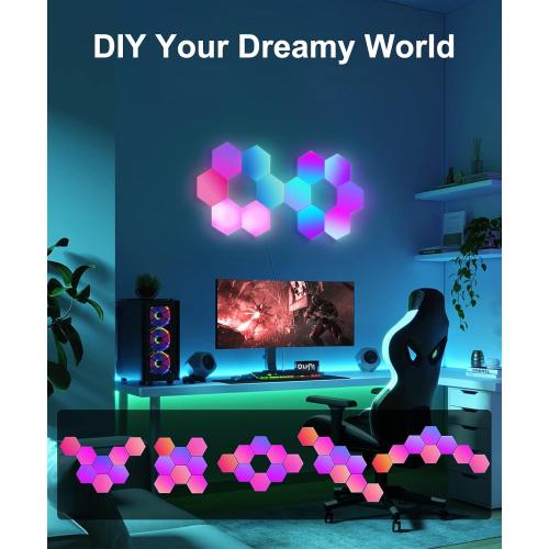 10 pack Large Hexagon LED Lights for Bedroom, Smart Home Gaming LED Wall Lights RGB-IC Gaming Room Decor Work with Alexa Google Assistant, Voice/App Control, Music Sync, DIY Modular Light Panels, 10 Pack