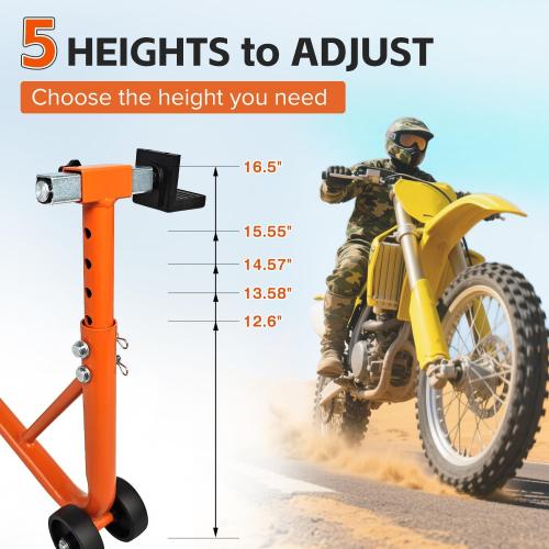 Adjustable Motorcycle Stand, 850LB Sport Bike Swingarm U L Orange | 5 Height Settings, Fits BMW Yamaha Honda Kawasaki Suzuki, Adjustable Width, Stable Support for Moto Maintenance Repair
