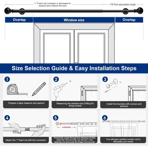 Short Curtain Rod 16-28 Inch Adjustable, 1 Inch Diameter Small Window Drapery Rod - Hidden Screw Brackets, for Bathroom Kitchen, Heavy Duty Metal, Black Round Finials