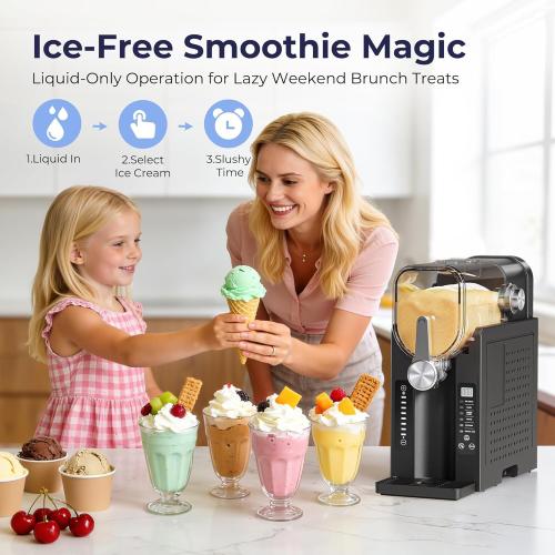 Slushie Machine, No Ice Needed Slushy Maker for Home, Real-Time Temp Display, Frozen Drink Maker with 6 Preset Programs for Ice Cream, Frappés, Milk Shake and More, Black, 1 Pack 3Modes