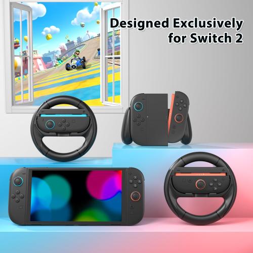 innoAura Steering Wheels for Switch 2（2025）, Ergonomic Design-Racing Wheels Family Use Switch 2 Accessories for NS2 Mario Kart World/ Mario Kart 8 (2x Black)