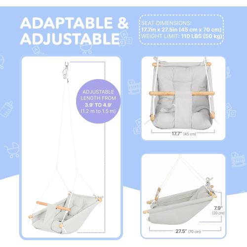 CaTeam Canvas Kids Swing, Wooden Hanging Seat Chair with Safety Belt, Durable Toddler Seat, Suitable for Outdoor and Indoor Use, Mounting Hardware Included, Gray Blue