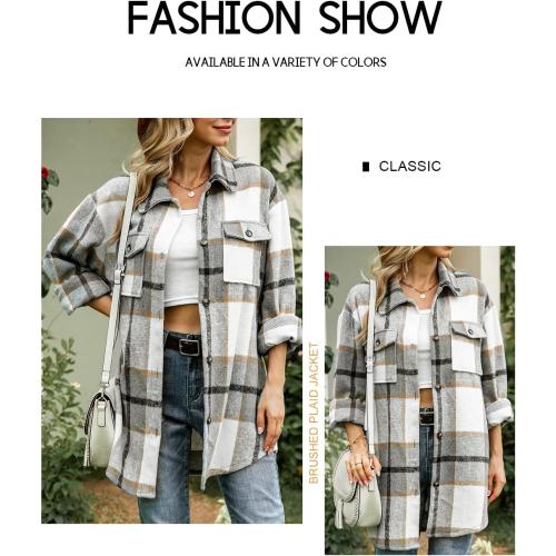 Double take Large Beaully Women's Flannel Plaid Shacket Long Sleeve Button Down Shirts Jacket Coats with Side Pockets