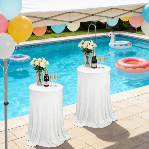 2 Pack Cocktail Table Tablecloth with Skirts 32 x 43Inch Soft Fabric Round High Top Table Cover Stretch Reusable Tablecloth Skirt Cocktail Tablecloths for Wedding Party Banquet Table Bar, White