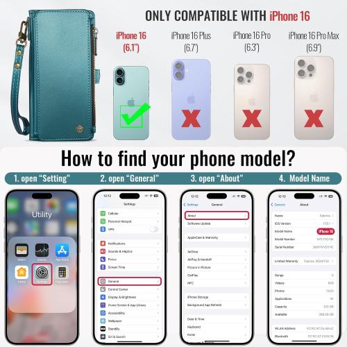 Defencase Compatible with iPhone 16 Case Wallet with RFID Blocking Card Holder for Women Men, Fashion PU Leather Magnetic Snap Flip Zipper Strap Wallet Phone Case for iPhone 16 6.1, Blue Green