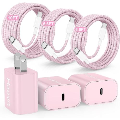 Fast Charging for iPhone 15 16 Pro Max Charger Colorful, 3Pack 20W USB C Fast Chargers Block with 6/6/10ft Long USB C to C Braided Cable Compatible with iPhone 16/15 Pro/15 Plus/iPad Pro 13/12.9,Pink