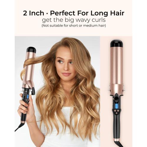 2 Inch Curling Iron Extra Long Barrel for Long Hair, Large Barrel Curling Wand Ceramic Tourmaline with LCD Display,10 Temps, Dual Voltage