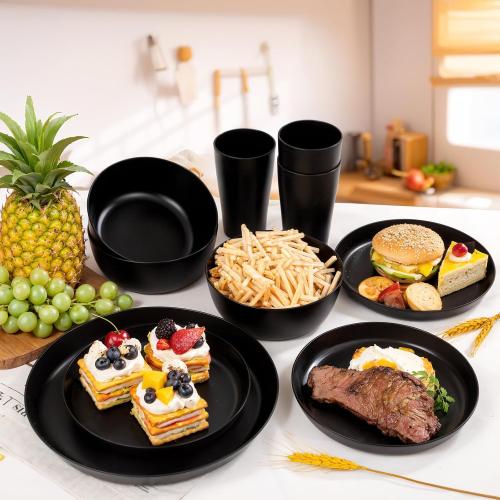 EjonirInjonir 24pcs Non-Toxic Black Wheat Straw Dinnerware Sets for 6 Home