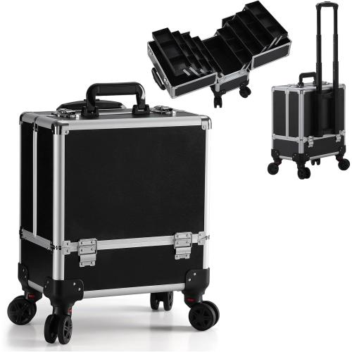 Leeora&Leekoo High-Capacity Multilayer Portable Nail Case for Nail Tech Organizer with Wheels - Lockable Makeup Case Organizer, Cosmetic Case, Makeup Train Case (Black)