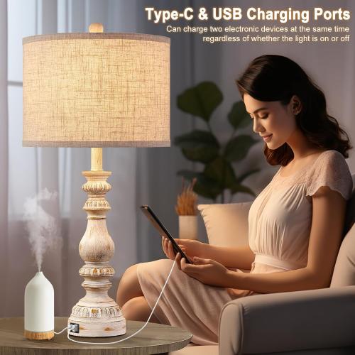Farmhouse Bedside Lamps Set of 2 Bedroom Lamps for Nightstand with USB A C Ports, 28” Rustic Vintage Table Lamps for Living Room with Rotary Switch - Bulb Not Included
