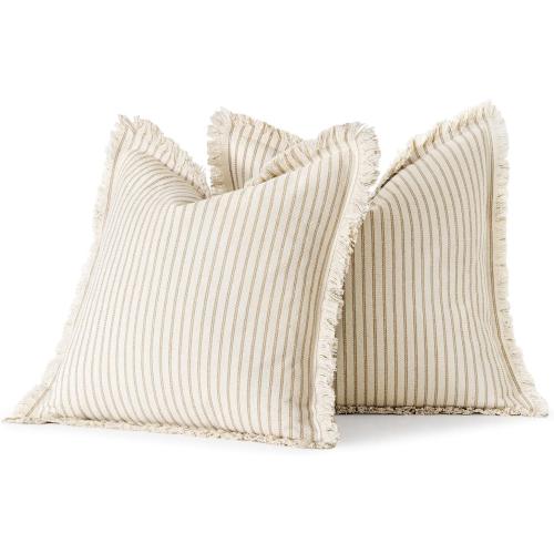 MIULEE Pack of 2 Khaki Pillow Covers 18x18 Inch Striped Farmhouse Couch Throw Pillow Covers with Fringe Chic Linen Decorative Cushion Covers for Sofa Living Room Bed Outdoor Home Decor