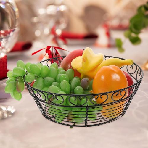 Iron Wire Bread Basket and Fruit Bowl for Kitchen Counter, Black Metal Wire Storage Basket, Round Home Fruit Holder for Table Centerpiece and Serving