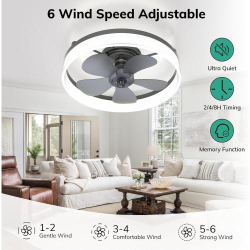 Size 19.7 Ceiling Fans with Lights, 19.7'' Flush Mount Ceiling Fan with Lights and Remote, 3000K-6000K Dimmable Modern Low Profile Ceiling Fans for Bedroom Living Room, 6 Speeds Fandelier LED Fan Light