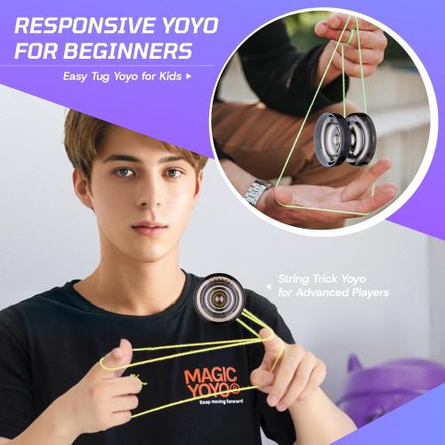 MAGICYOYO K2 Crystal Black Yoyo Professional, Responsive Yoyo for Kids Beginners with Extra Unresponsive Yo Yo Bearing, Pro Plastic Trick Yo Yo for Adults 12 Stings Bearing Removal Tool Storage Bag