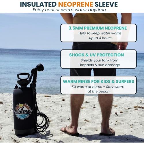 2.1 Gallon Pressurized Portable Camping Shower | 10-Mode Spray Head | Premium Neoprene Insulated Sleeve & Padded Shoulder Strap | Rinse Kit for Surf, Sand, RV, Road Trips & Pets | Black