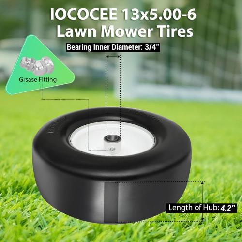 2 Pcs 13x500-6 Color White Upgrade 13x5.00-6 Flat Free Lawn Mower Tire and Wheel with 3/4 Chrome Steel Bearings, Zero Turn Mower Front Solid Tire Assembly for Commercial Grade Lawn, Garden Turf, 4.2-5.2 Centered Hub