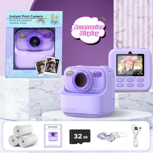 Kids Instant Digital Cameras for Boys and Girls, 1080P HD Dual-Lens Selfie Digital Camera with Print Paper & 32G Card, Christmas Birthday Gifts Toys for Toddler and Teenagers Age 3-16 Years Old