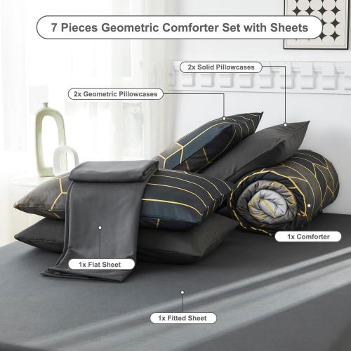 Queen Size Comforter Sets 7 Pieces Grey and Gold Striped Bedding Set Geometric Bed in A Bag