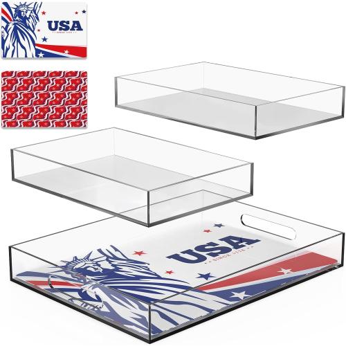 3PCS Acrylic Serving Tray Set with Interchangeable Inserts – Clear Decorative Tray with Handles for Food, Snacks, 4th of July Display, Patriotic Home & Bar Decor
