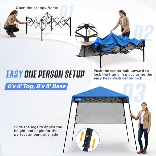 EAGLE PEAK 8x8 Pop Up Canopy Tent with Sidewall, Compact, Portable Slant Leg Instant Sun Shelter for Beach, Sports, & Camping, 8x8 Base 6x6 Top, Blue