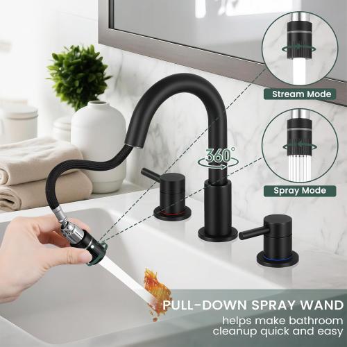 Pull Down Bathroom Faucet for Sink 3 Hole,8 inch Widespread Matte Black Bathroom Sink Faucet with Pop Up Drain, Water Supply Hoses