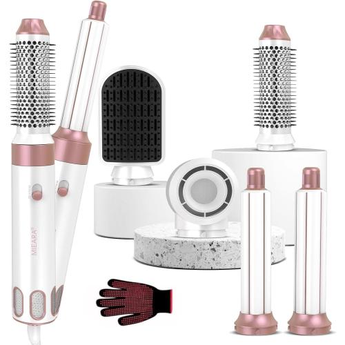Color Pink 5 in 1 Hair Styler, Hot Air Brush, Hair Curler, Blow Dryer Brush, Interchangeable Straightener with Negative Ionic Technology for All Hair Types with Heat Protective Glove, Rose & Pink