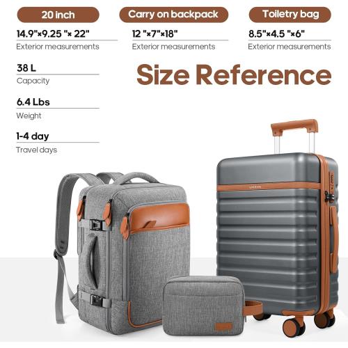 UKEIN Luggage Sets 3 Piece, Carry On Luggage 20In With Spinner Wheels,PC Hardside Suitcase Set with TSA Lock,Durable Carry On Suitcase With Travel Backpack for Men (Grey, 3 piece set (20inch))