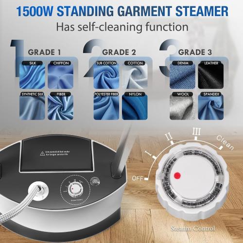 Color White Standing Garment Steamer 1500W Standing Garment Steamer - 30s Fast Heat, 101 fl.oz Detachable Tank, 2 - Level Steam Ironing Board and Clothing Hanger,Adjustment for Flat Hanging & Diagonal Ironing