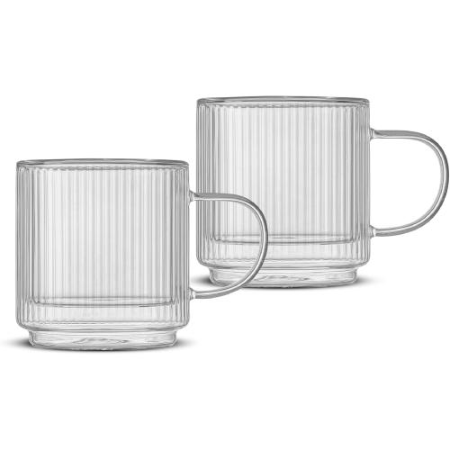 JoyJolt Haven Stackable Fluted Glass Mugs, Set of 2 Ribbed Double Wall Insulated Coffee Cups, 13.5oz Clear Mugs