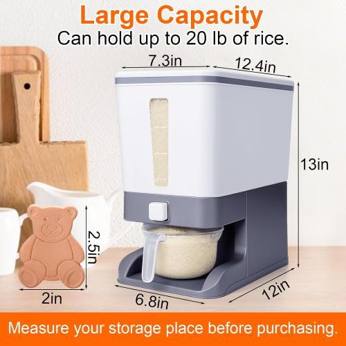 Mity rain Rice Dispenser 20 Lbs with Moisture Absorbing Clay | Rice Storage Container with Measuring Cup, 12 L Cereal Containers Storage Airtight for Kitchen Pantry Organization