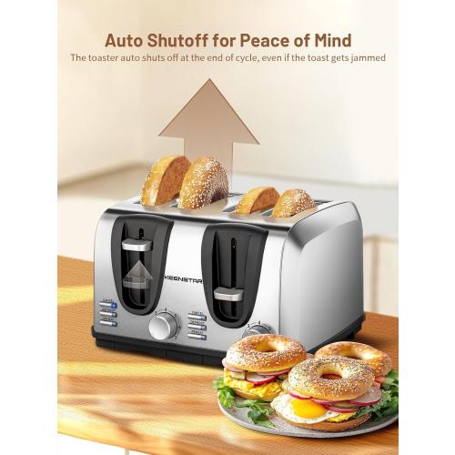 Keenstar Toaster 4 Slice, Bread Toaster with Dual Control Panels Extra-Wide Slot of Bagel/Defrost/Cancel Function, 7 Toasting Bread Shade Settings, Removable Crumb Trays, Auto Pop-Up, Stainless Steel