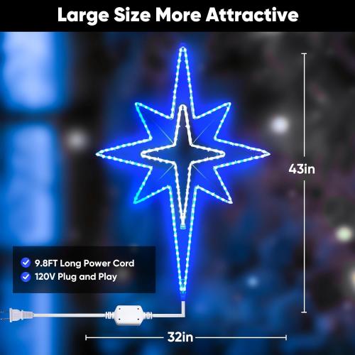 Large Bethlehem Star Motif Light 43-inch, Christmas Outdoor Decoration Waterproof LED Star Sign Super Bright, for Nativity Scenes Window Wall Front Door Roof Home Party, Blue&White
