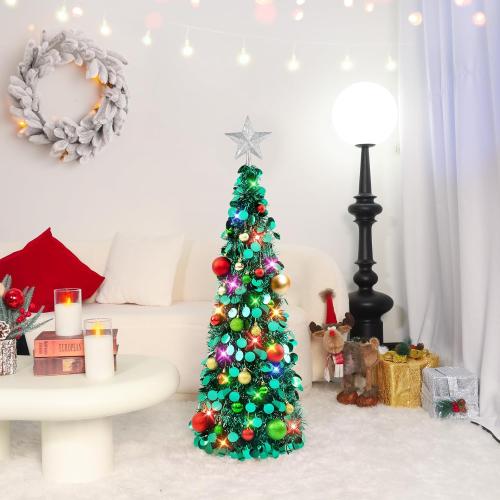 N&T NIETING Pop Up Christmas Tree with Lights, Collapsible Tinsel Xmas Tree Decorations, Pencil Christmas Tree Skinny Tree for Holiday Xmas Home Office Decor, 25 Balls, 3Ft, Peacock Blue