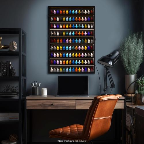 SIXPOINTS LED Minifigures Display Case-Wall Mount Miniature Action Figure Display Cabinet Holder-Holds 126 Figure Men Miniatures Collection-Lockable (Black Wood Finish)