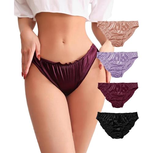 Size xs.  ..Satin Bikini Panties for Women, Frill Trim Ruched Cheeky Underwear, Low Rise Shiny Panties Silky Bikini Briefs