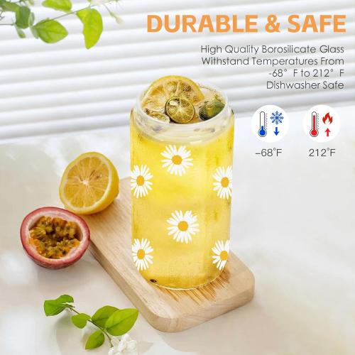 Dosuarue Daisy Aesthetic Cups, Iced Coffee Cup, 16 oz Cute Glass Cups with Lids and Straws - Flower Mug Cup, Drinking Glass Tumbler - Christmas, Birthday Gifts for Women Friend Sister Her