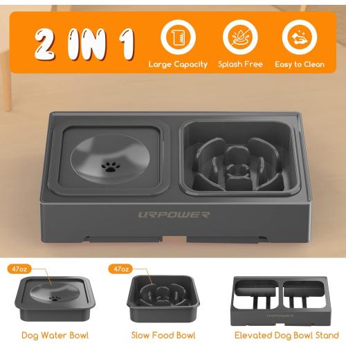 URPOWER 2-in-1 Elevated Slow Feeder with No Spill Dog Water Bowl 4 Height Adjustable Raised Bowl Stand for Small to Large Dogs, Cats & Pets