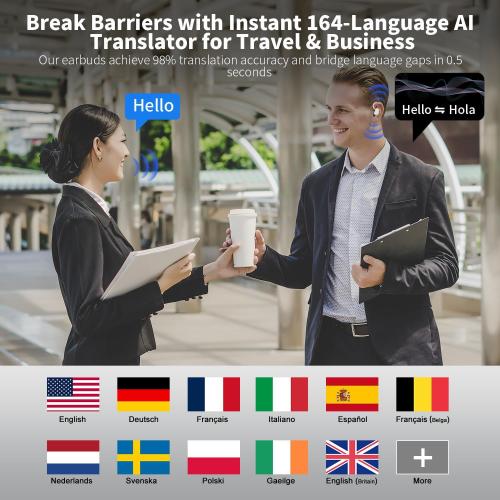 AI Translation Earbuds Real Time, 164 Language Translator Earbud with Audio and Video Calls, 3-in-1 Buletooth 5.4 Translation Headphone with APP, 50H AI Ear Buds Translator Device for Business, White