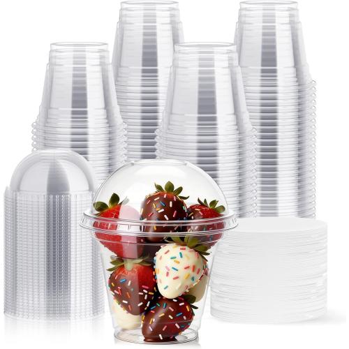 JOLLY CHEF 200 Sets 9 oz Clear Plastic Cups with Dome Lids, and Paper Lid Liners, Plastic Dessert Cups with lids for Parfait, Ice Cream, Snacks, Fruit, Pudding