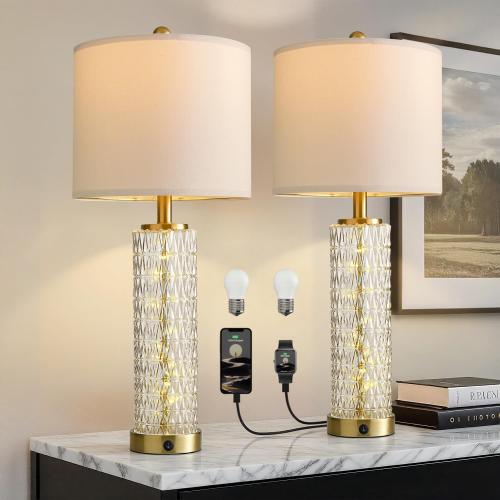 Oneach 27.75” Table Lamps Set of 2, Gold Modern Bedside Lamp with LED Night Light, USB A C, Glass Lamps for Living Room, Bedroom, Nightstand, Office, End Table (2 Bulbs Included)