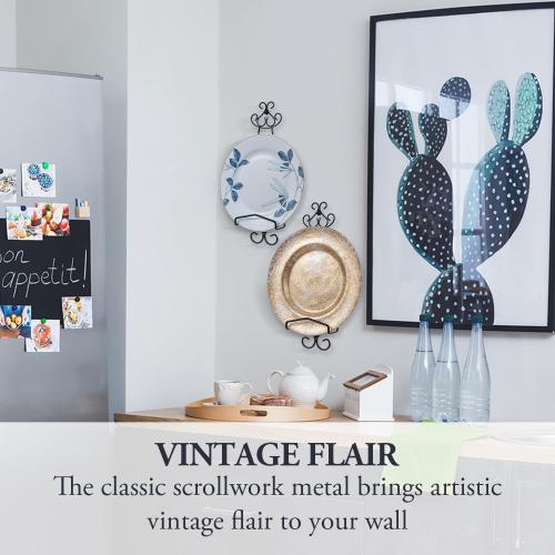 MyGift Set of 2 Vertical Hanging Collectible Plate Holders, Wall Mounted Matte Black Metal Wire Vintage Scrollwork Display Racks, Holds 8 to 11 Inch Plates