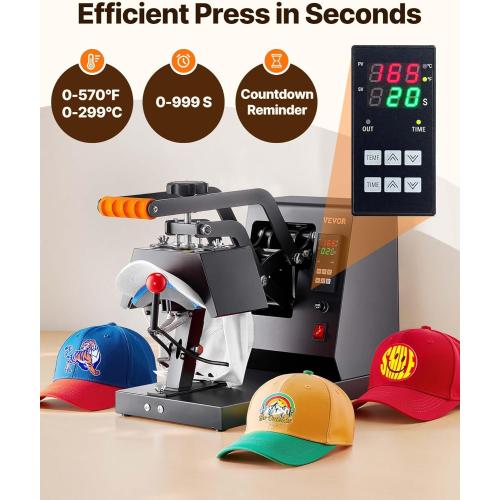 VEVOR 4-in-1 Heat Press Machine for Hats with 6x3inches Curved Teflon-Coated Heat Plate, Easy Temperature Control Non-Slip Base, Four Replaceable Elements 6x3/6.7x2.7/6.7x3.8/8.1x3.5inches