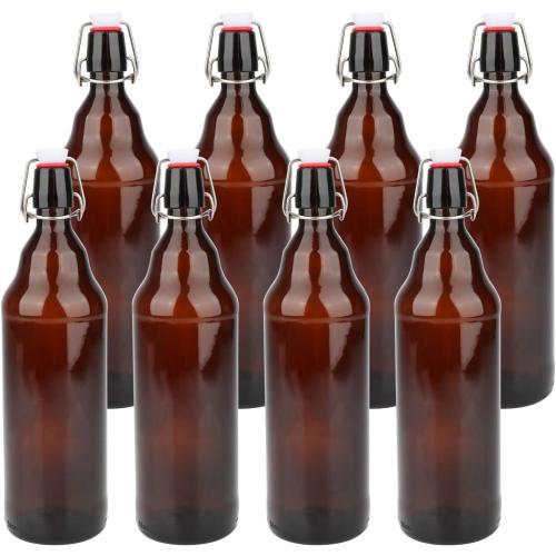 Glass Bottles, Refillable Brown Glass Storage Bottle with Swing Top Lids, Amber Iron Clasp Bottles with Stickers&Pen for Home Brewing, Drinks, Sauces, Industrial products, etc (1000ML, 8 PCS)